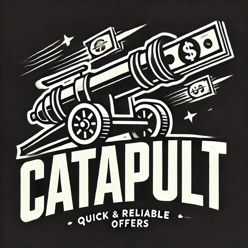 Catapult logo featuring a stylized cannon launching money, representing quick and reliable offers for properties.